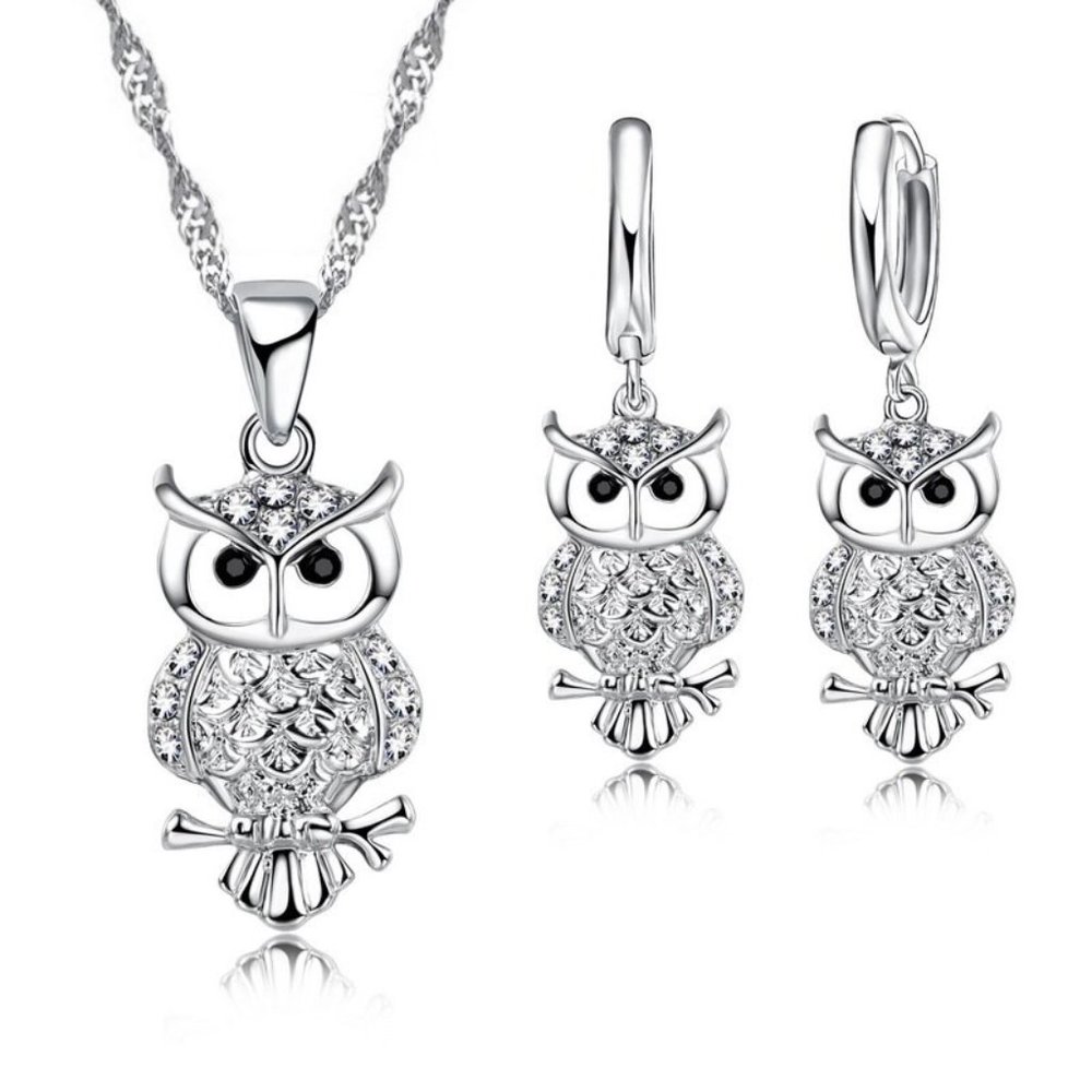 💎 NEW 💎Cute Owl 925 Sterling Silver Earrings And Necklace Set Bundle